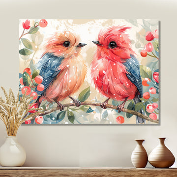 Pink Blue love birds on a branch - Bird Home Decor Art